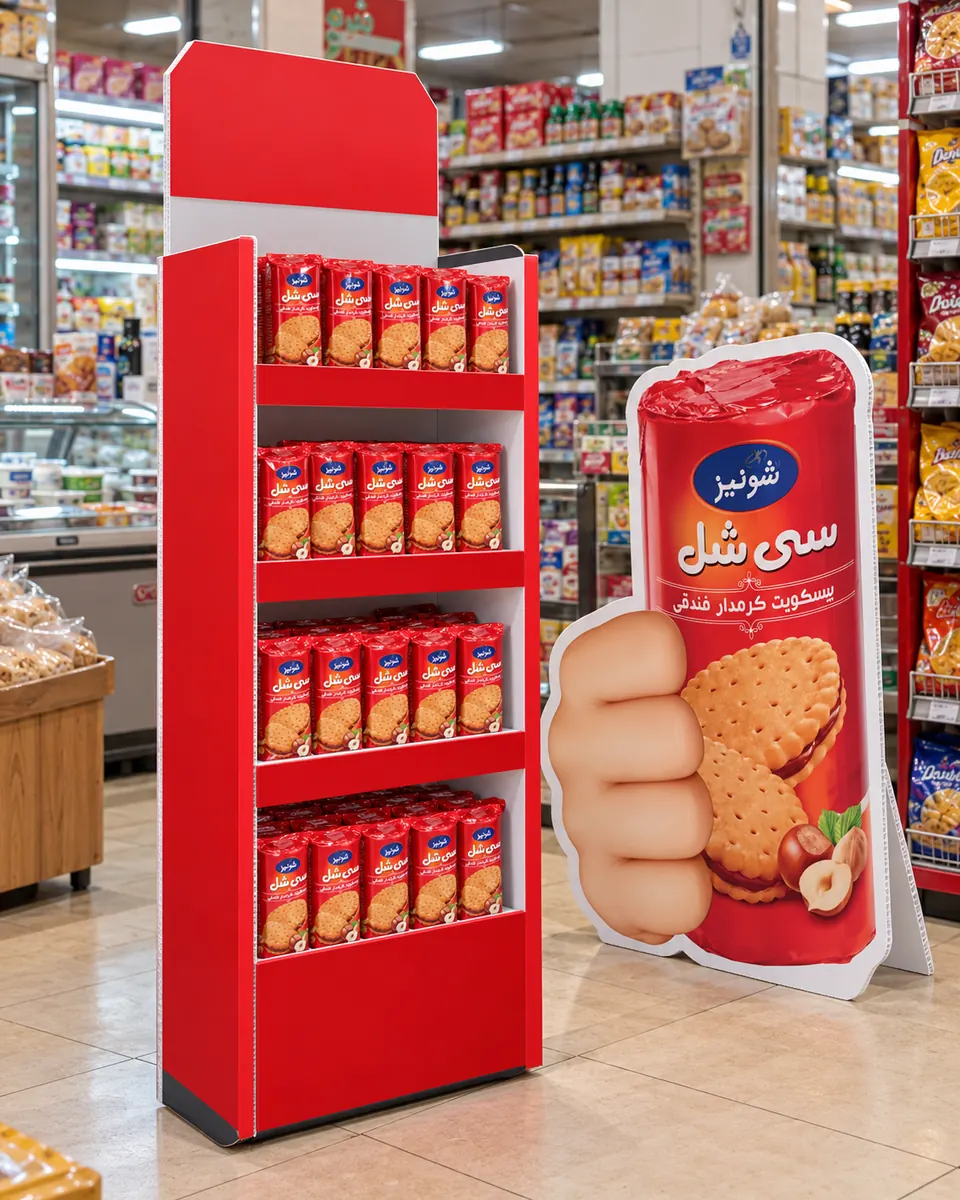 موکاپ استند فروشگاهی مواد غذایی و ماکت بیسکویت